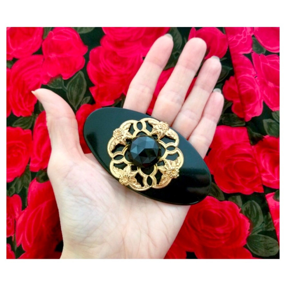 Vintage 80s Elegant Black Prism Ornate Brooch Pin
